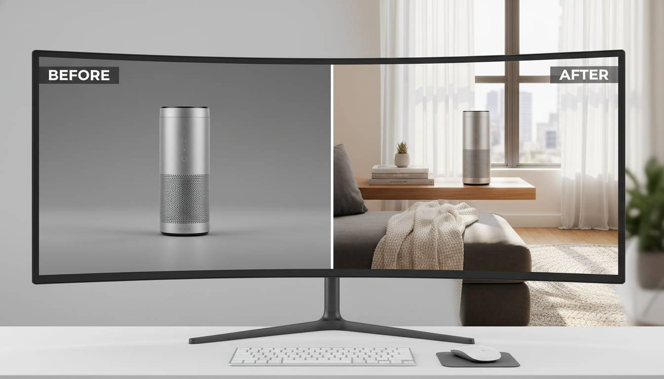 Prima e dopo: prodotto su sfondo semplice trasformato in ambientazione lifestyle dall'AI